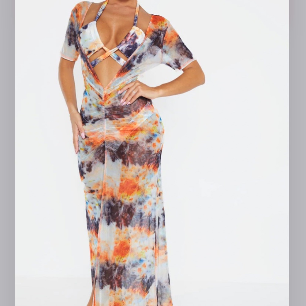 Orange Tie Dye Ruched Maxi Beach Dress